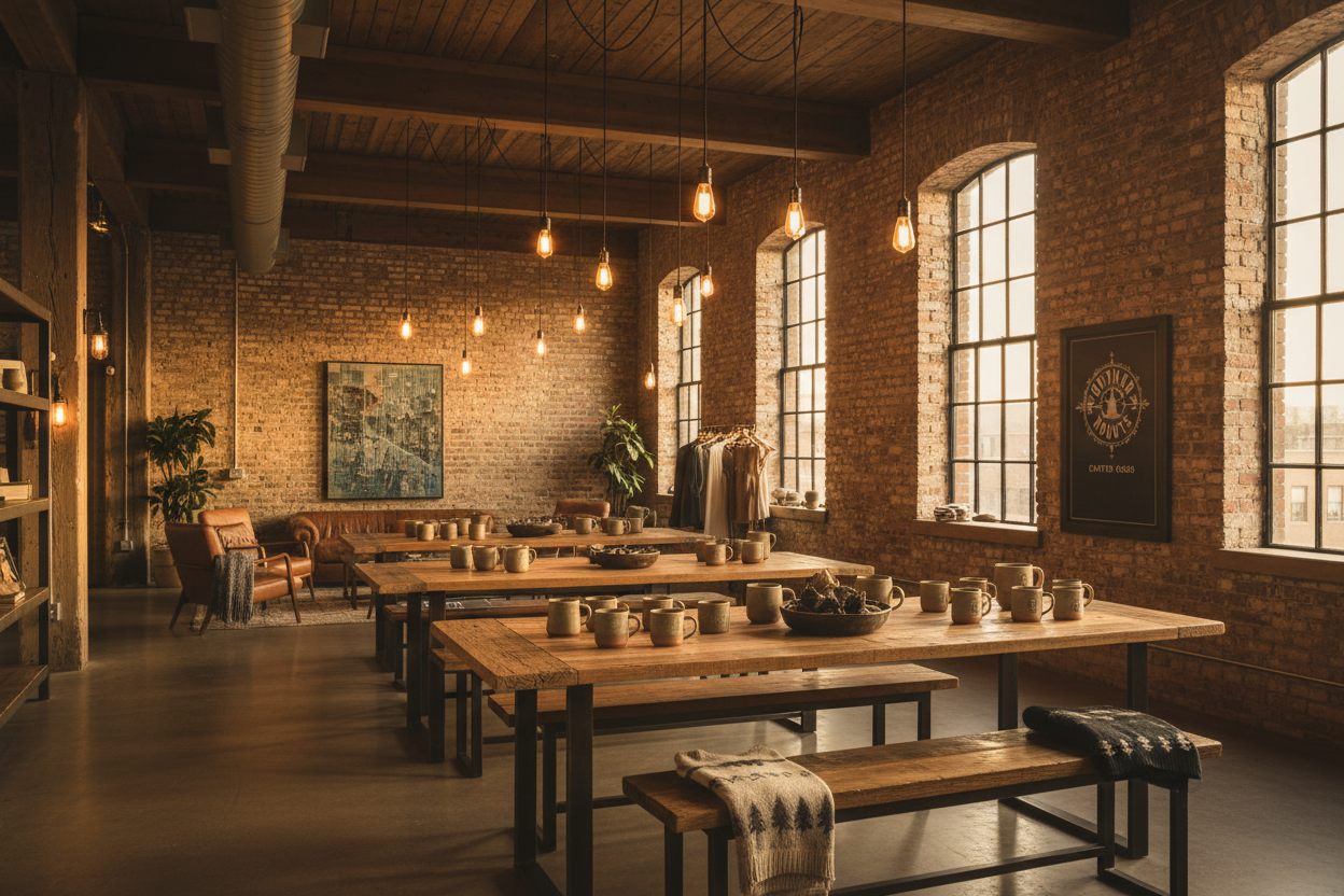 Homepage header banner - Industrial warm aesthetic